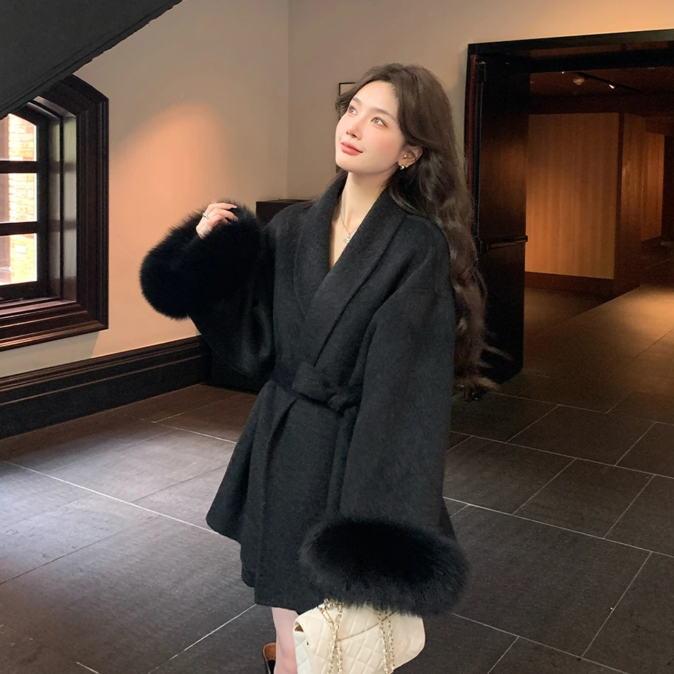 2025秋冬中长款双面绒呢子外套女名媛仿狐狸毛ins小个子毛呢大衣