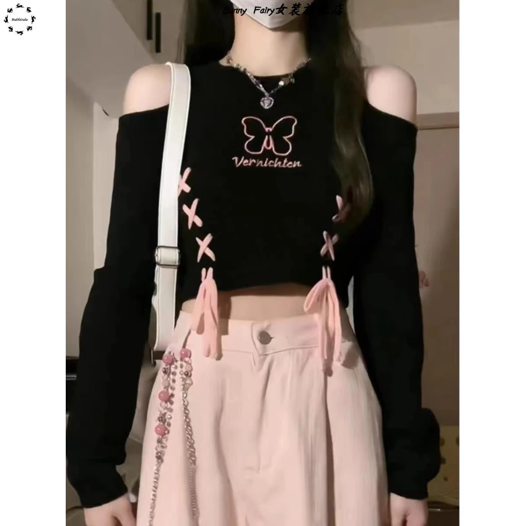 辣露肩针织长袖T恤女春秋新款大尺码胖妹妹绑带蝴蝶修身显瘦上衣