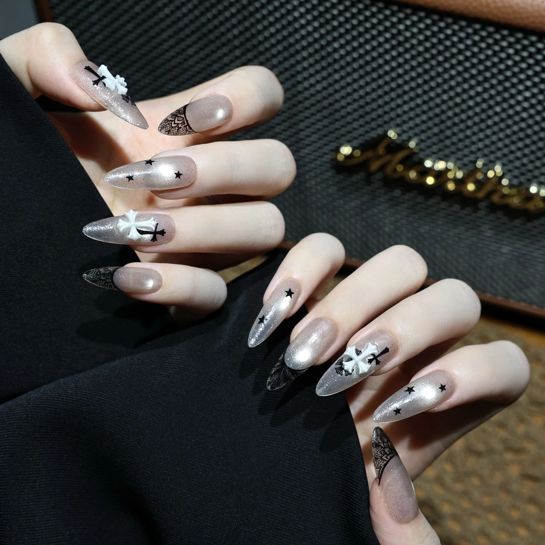 拒绝·纯手工克罗心法式印花追光猫眼穿戴甲