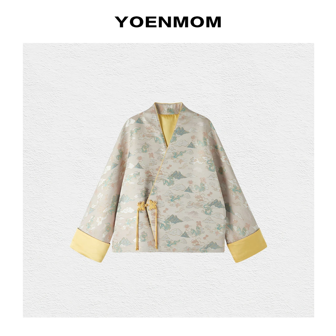 YOENMOM·如沐春光·春季新品 国风蚕丝织锦缎浅春系流苏扣斜襟上衣