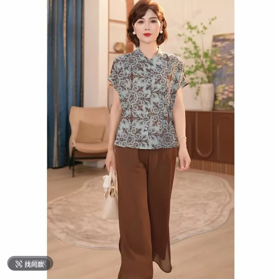 2025新款妈妈装夏季时尚气质中年女装宽松新中式小衫套装提花