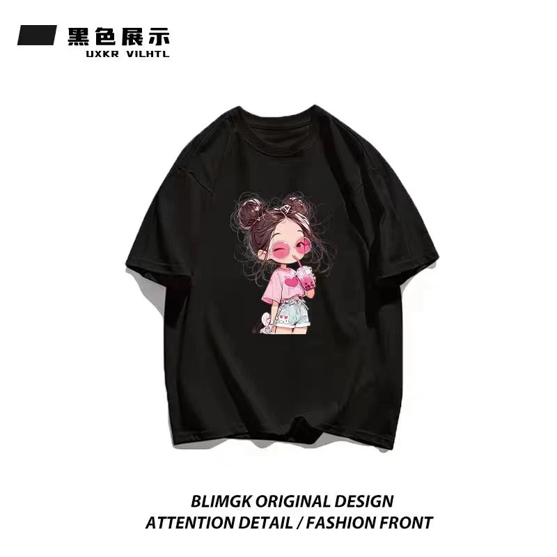 【吸管女孩】纯棉短袖时尚潮流百搭情侣夏季宽松印花t恤圆领