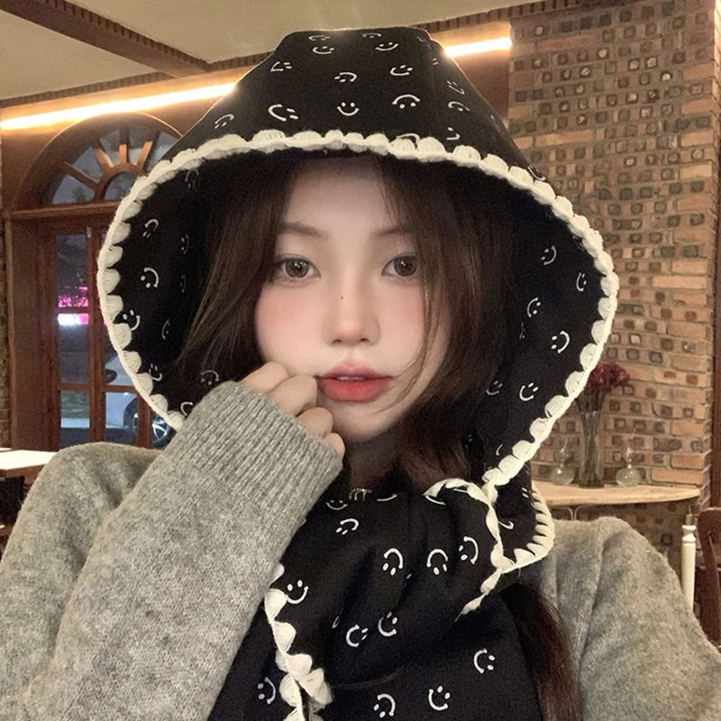 蝴蝶结印花围巾帽子一体女2025秋冬季韩版保暖围脖百搭连帽围巾cy