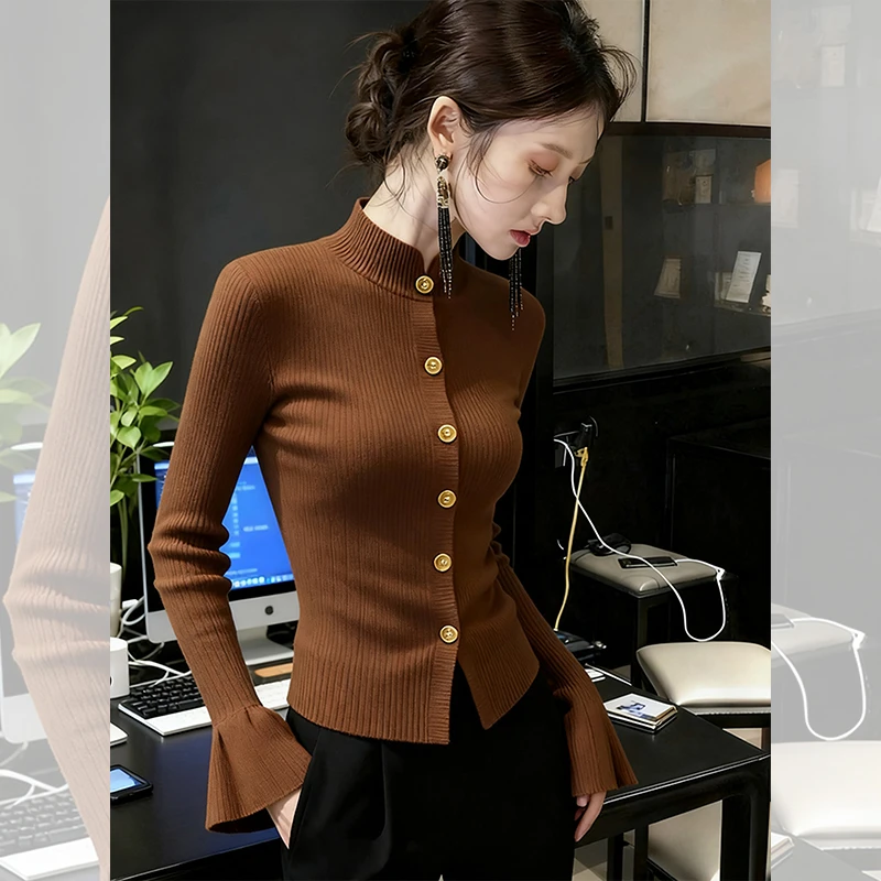 冷淡系别致独特漂亮小衫咖色开衫上衣干练总裁女装打底针织衫秋冬