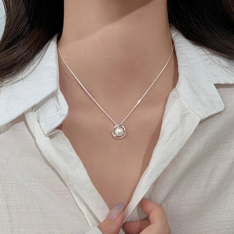 坠链均足银仿珍珠 999纯银珍珠项链时尚小众气质锁骨链设计感颈链