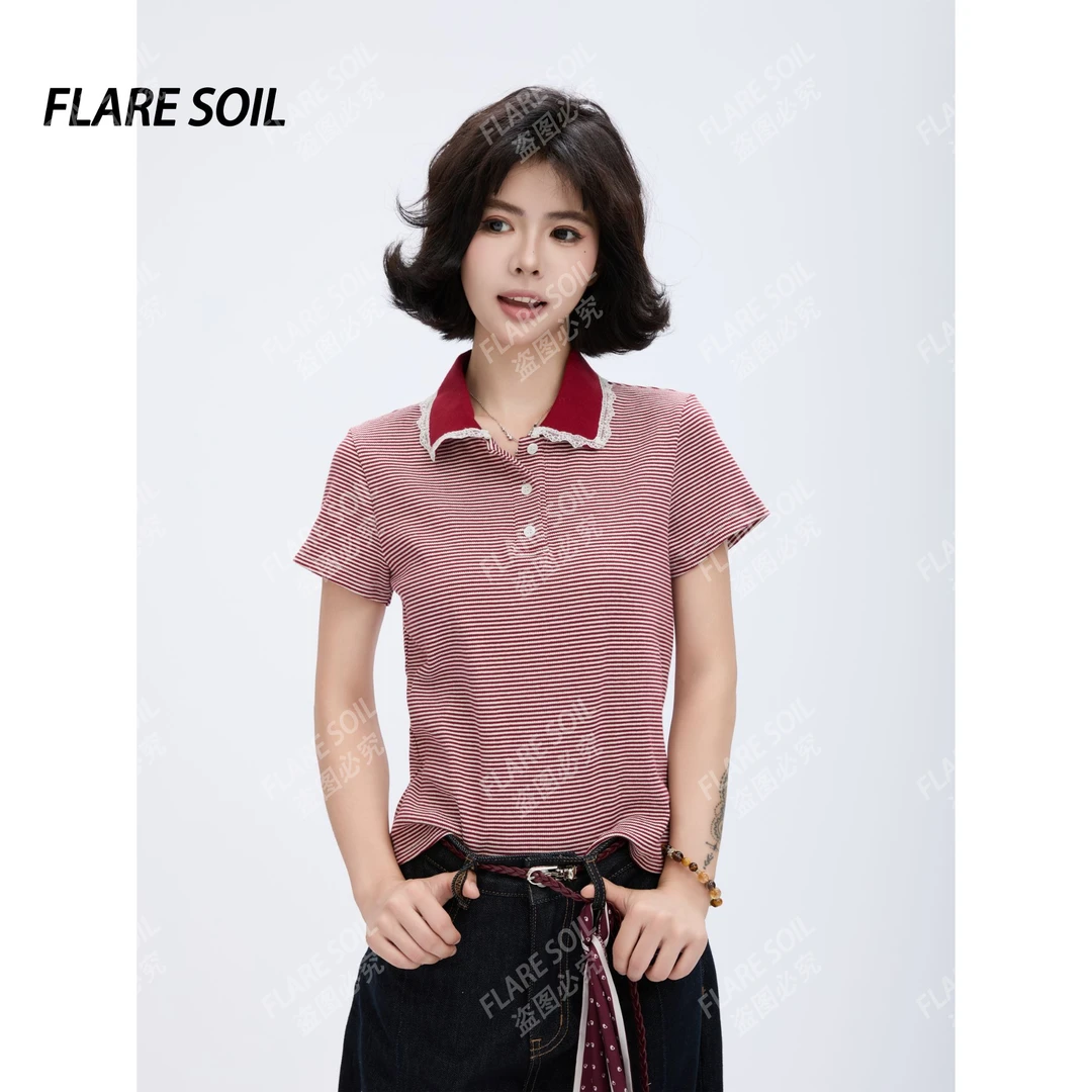 【FLARE SOIL】POLO领夏休闲洋气百搭修身条纹宽松时尚T恤T4333A