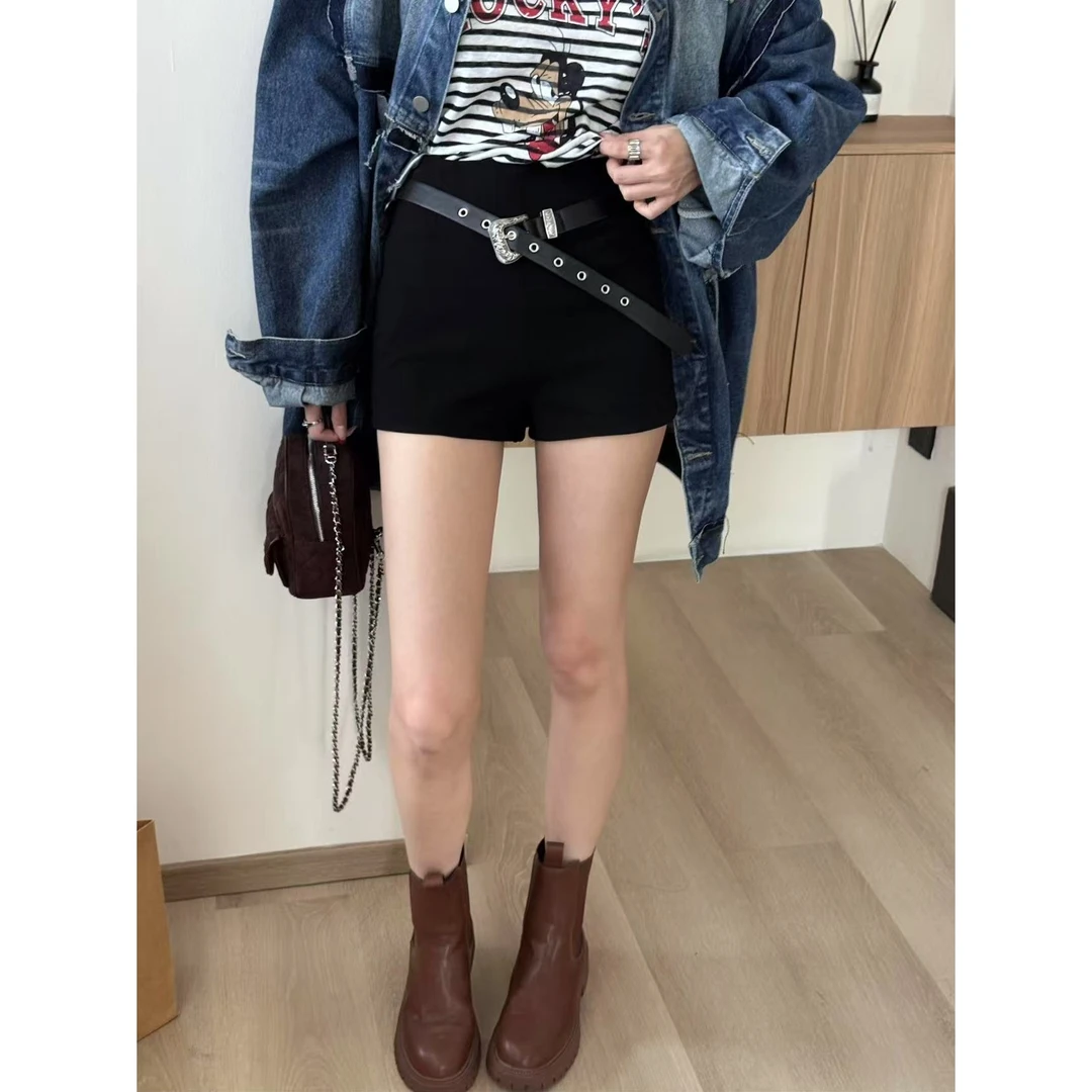 SP【今年大势超短裤】高腰休闲小黑裤女秋季复古弹力显瘦热裤配皮带
