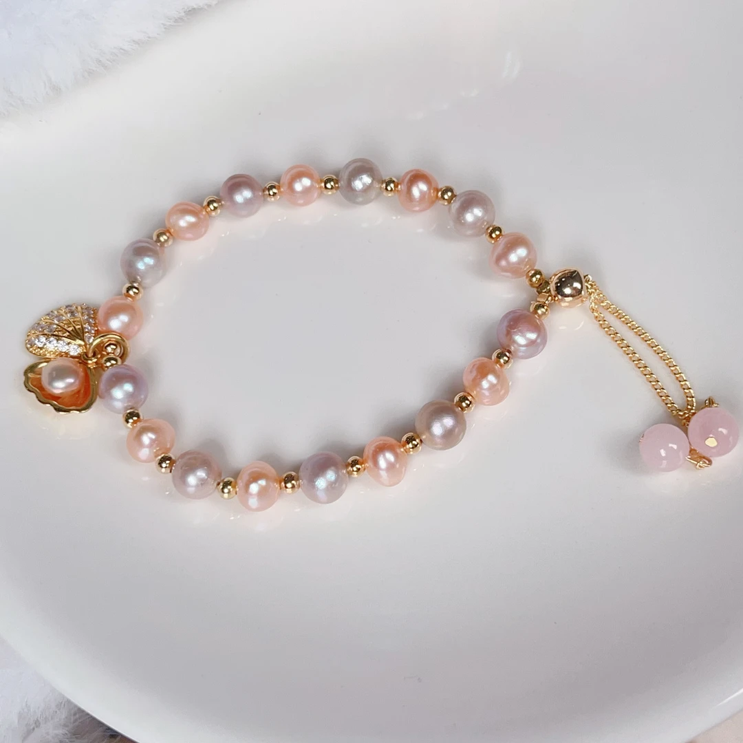 【抽拉彩贝】6-8MM天然淡水珍珠手链精致百搭糖果色手串DSL00725