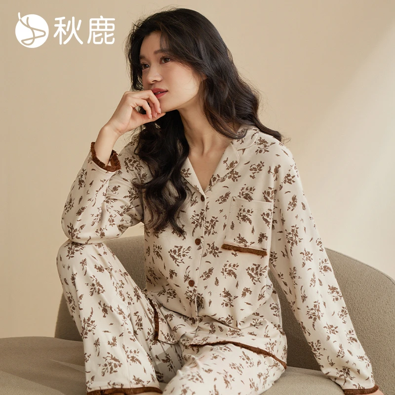 秋鹿【超柔软】睡衣女秋法式碎花开衫长袖家居服套装春秋季女士