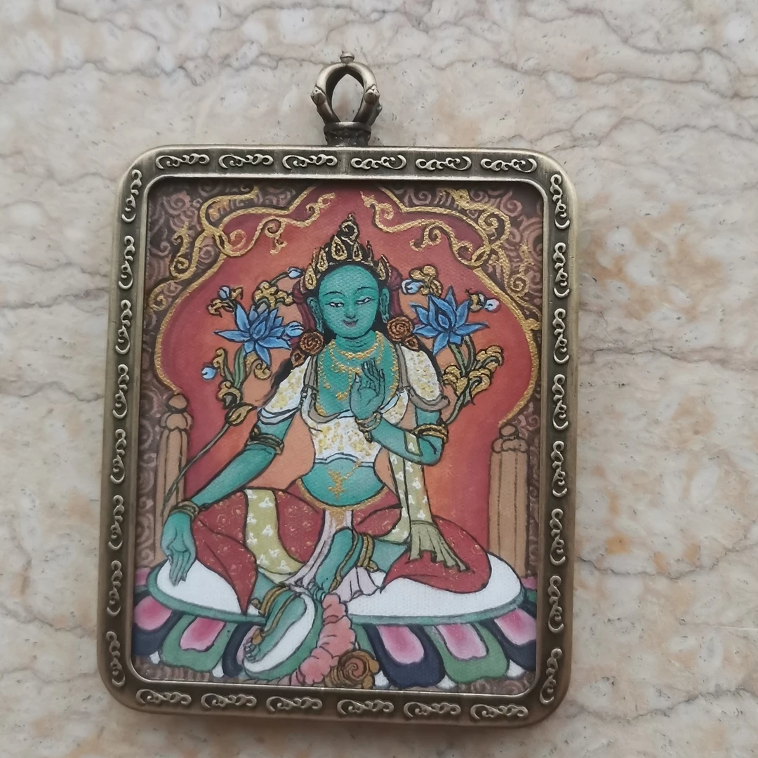 西藏绿度手绘矿料小唐卡4x5cm芯 铜或钛钢壳及手偏藏绳任选