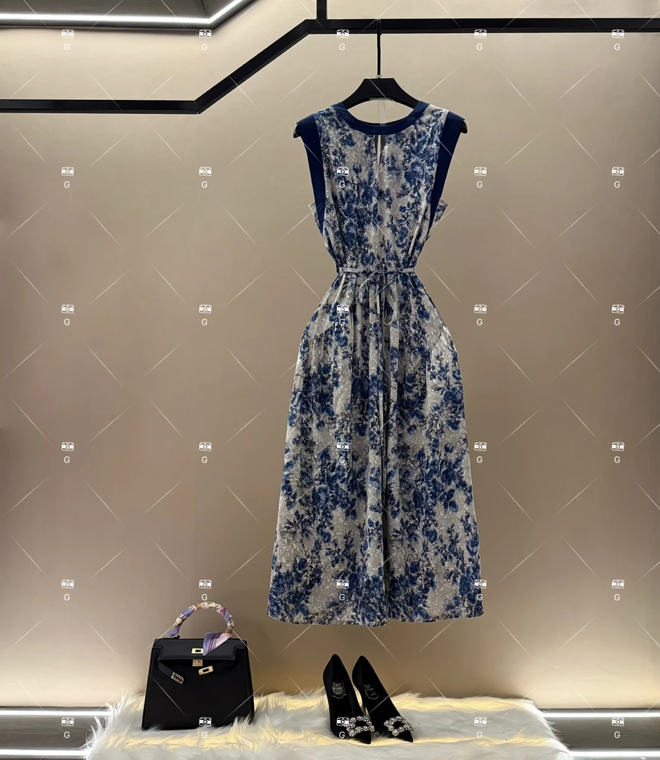 【玲】夏季新款复古时尚百搭印花无袖连衣裙 H-1190