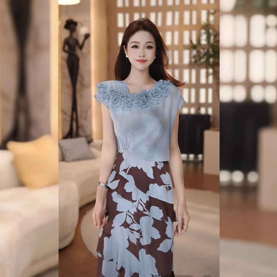 【林雪雪】蓝调诗行新款气质碎花蓝色时尚夏季显瘦遮肉连衣裙252156