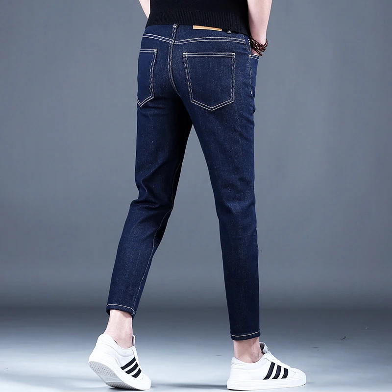 2025春夏季新款男士深蓝色牛仔裤男款修身小脚高端休闲九分裤子潮