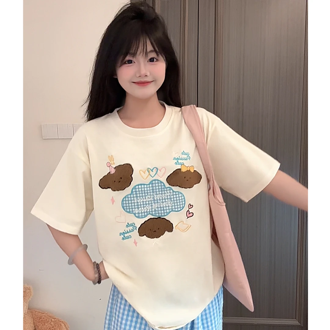HandSeven重磅卡通云朵泰迪刺绣甜妹风夏季圆领宽松百搭T恤时尚