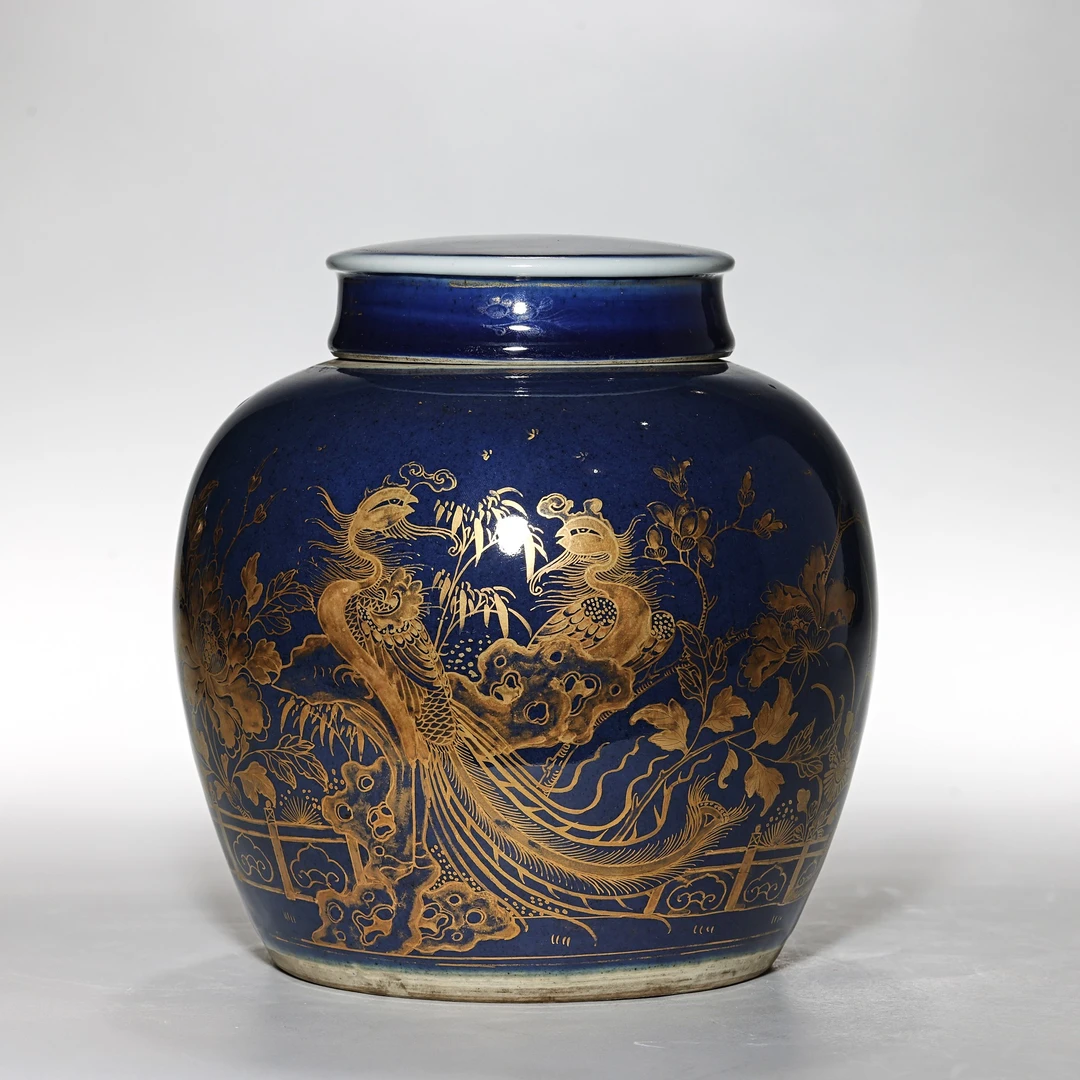 4325清乾隆·霁蓝釉描金花卉纹盖罐【古董拍卖】