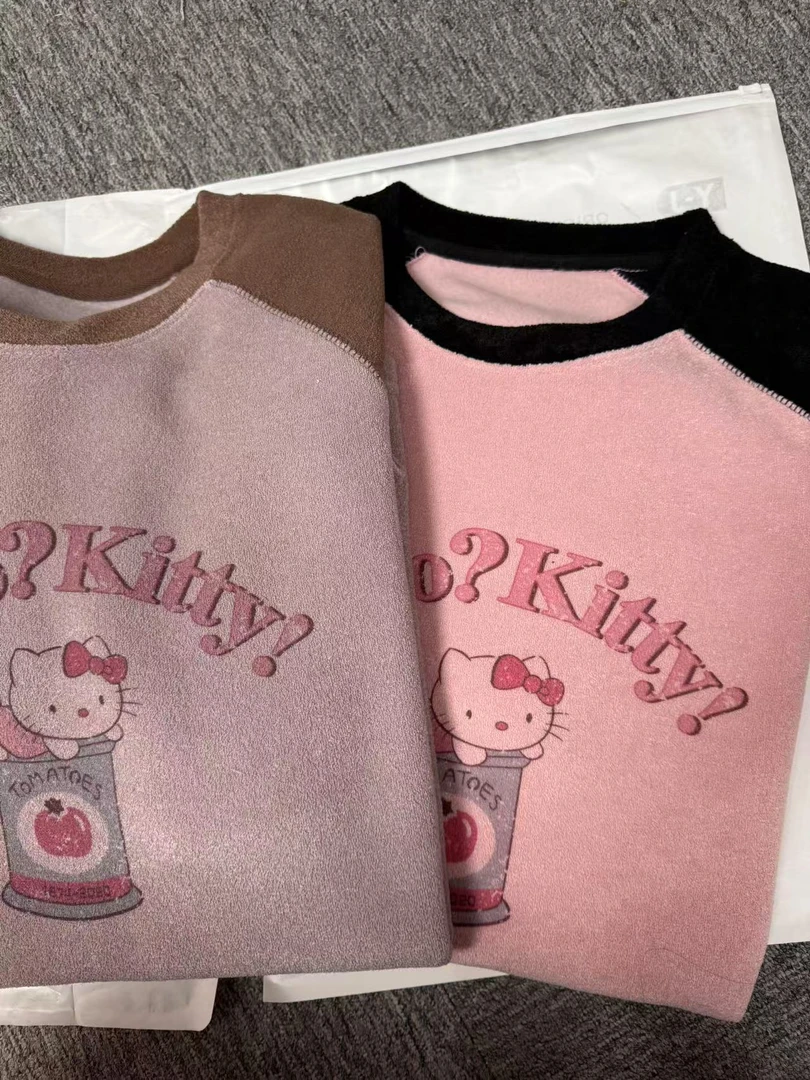 冬季加厚毛巾棉卡通图案拼色T恤 时尚休闲百搭加绒圆领秋冬宽松