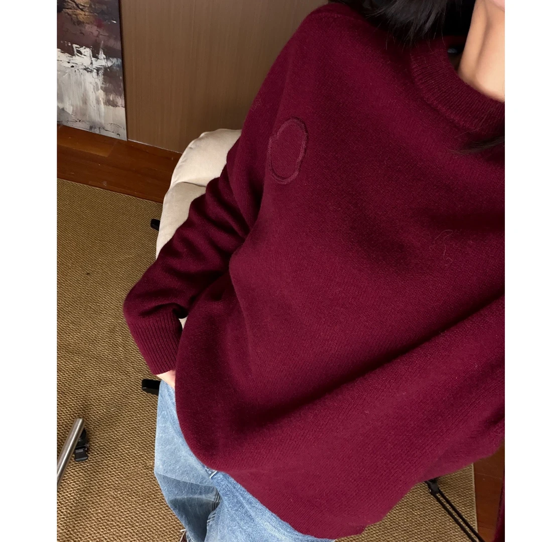 Yihouse【红精灵】100绵羊毛园领长袖纯色针织衫Y8930