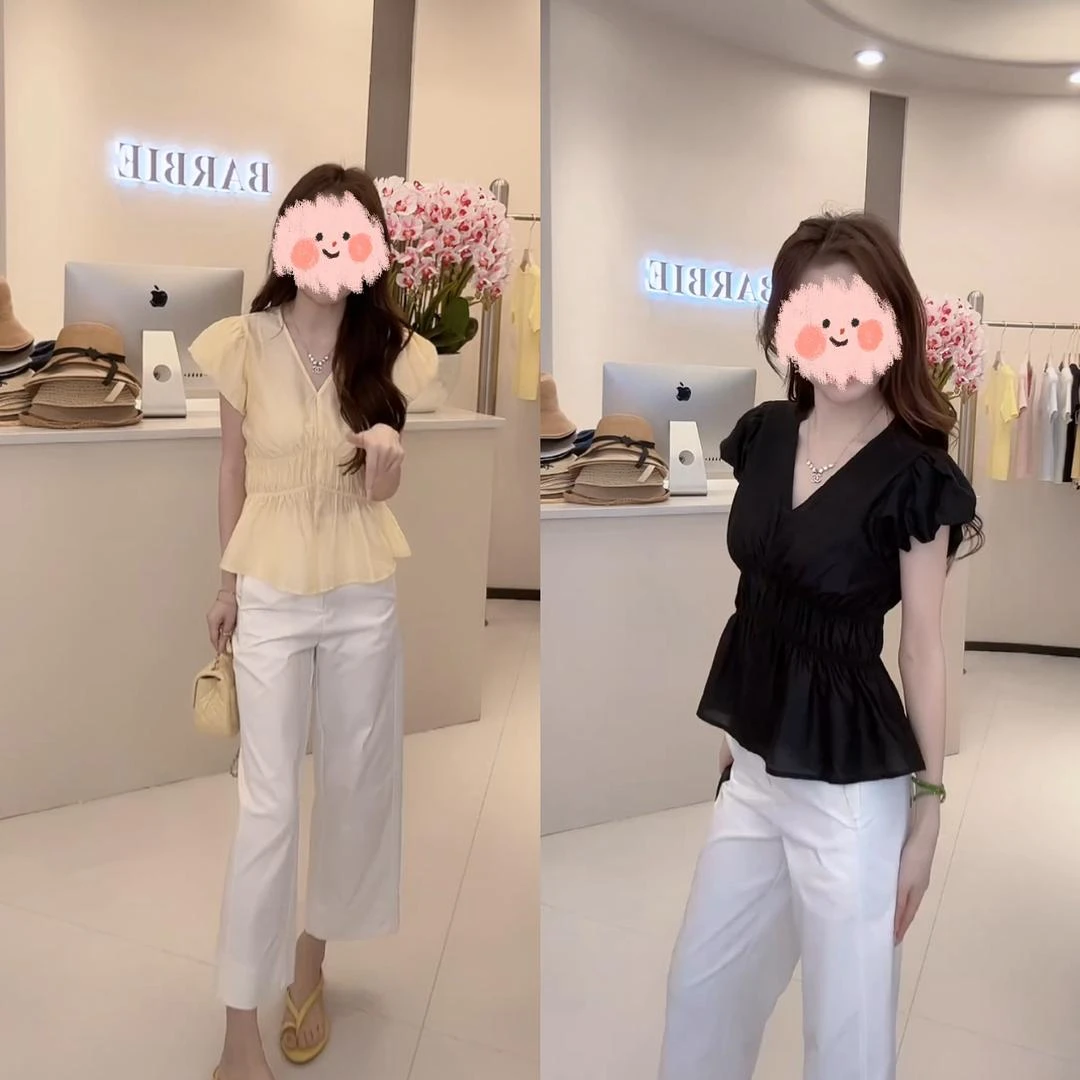 2025夏季韩版纯色褶皱收腰V领小衫直筒阔腿高腰休闲裤减龄两套装