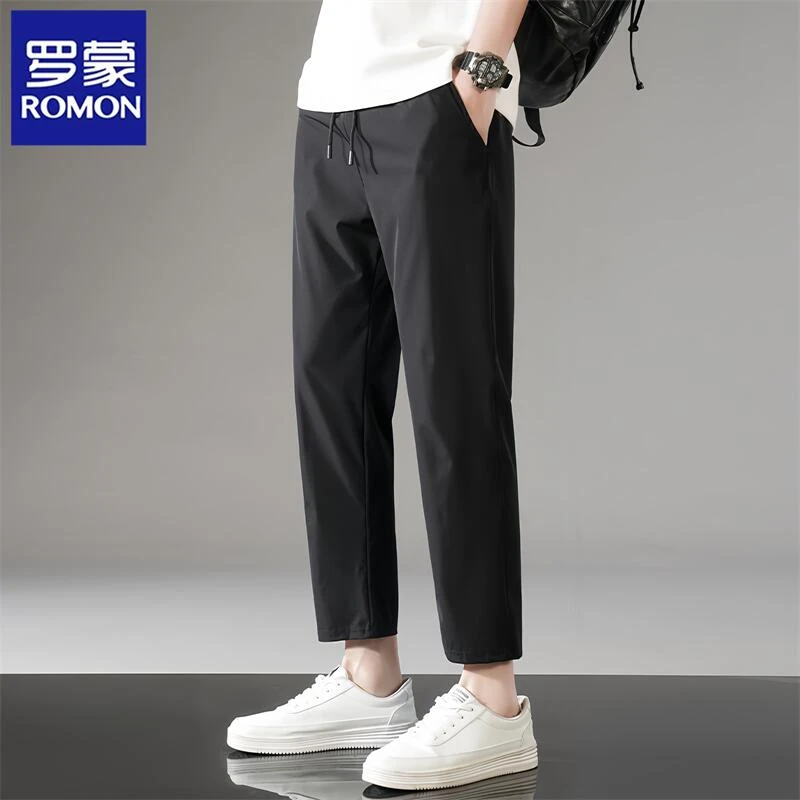 Romon/罗蒙男士休闲裤夏季薄款小脚时尚长裤简约百搭显瘦九分裤潮
