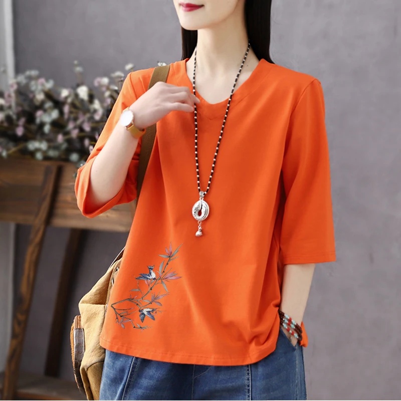 七分袖半袖V领t恤女2025新款春夏纯棉正肩宽松内搭打底上衣中国风