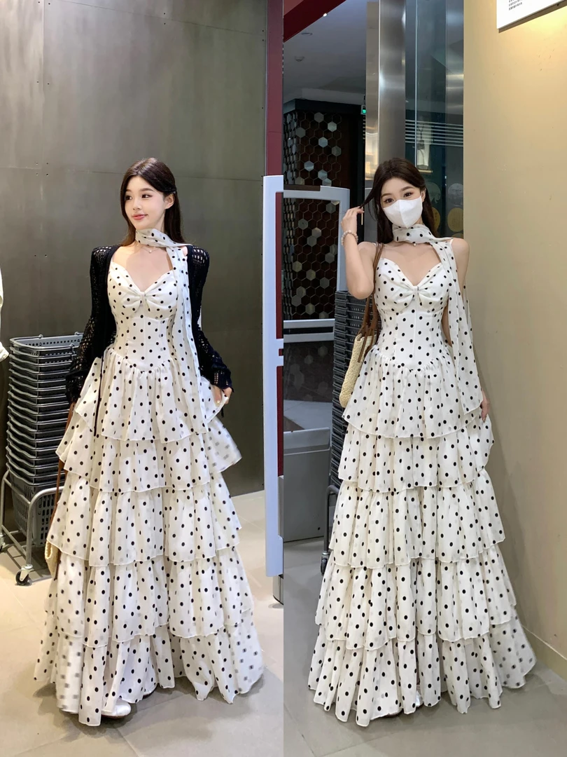 长裙波点夏季甜美法式吊带连衣裙裙子吊带裙韩版宽松遮肉显瘦