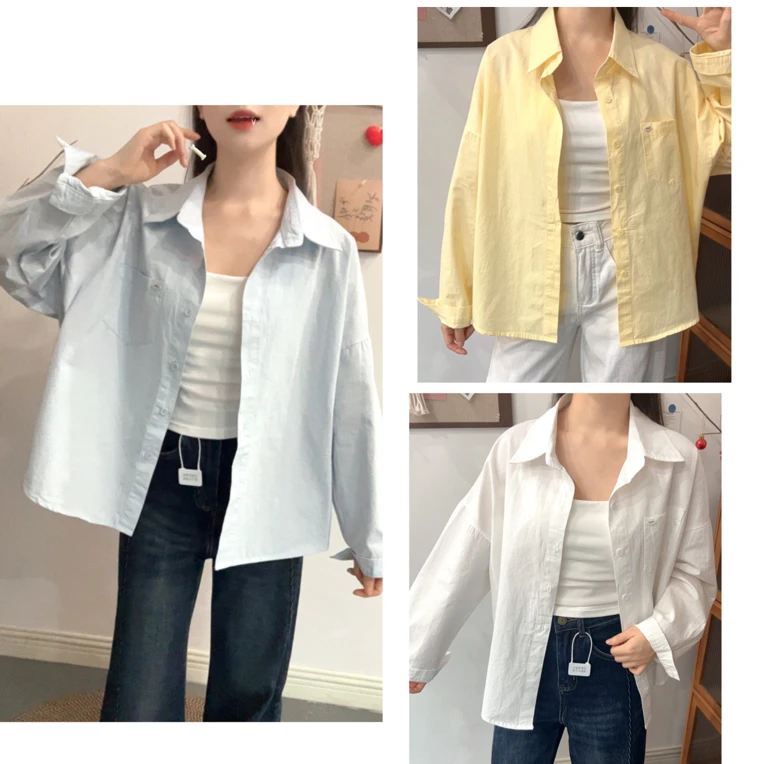 小个子秋季新款韩版宽松衬衫百搭纯色洗水棉衬衫806