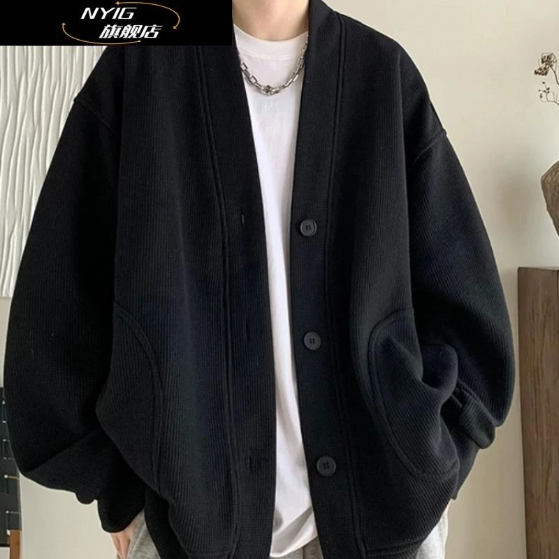 NYIG纯黑色日系慵懒风外套男潮高级感华夫格V领针织开衫情侣夹克