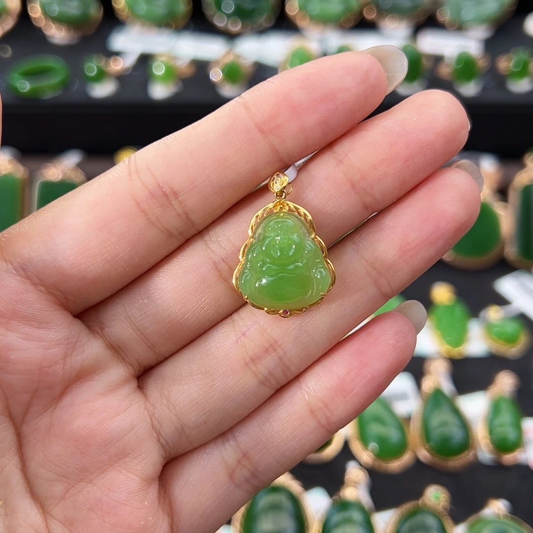 和田玉（碧玉）18K金镶嵌吊坠(不含链)苹果绿佛公15mm