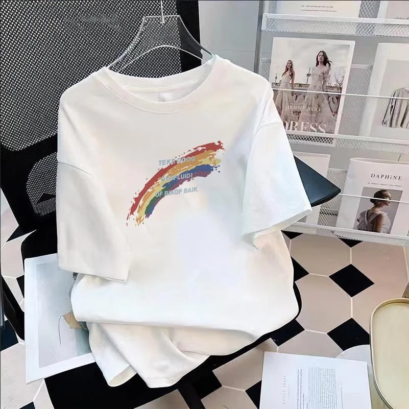 宽松短袖T恤男女同款五分上衣服夏季印花t恤韩版潮流圆领打底衫