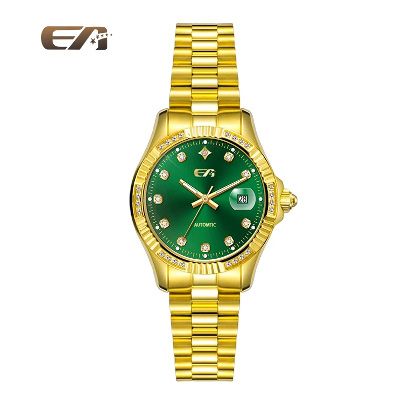 EA永恒经典系列天然钻石全自动机械表夜光防水日历女表绿