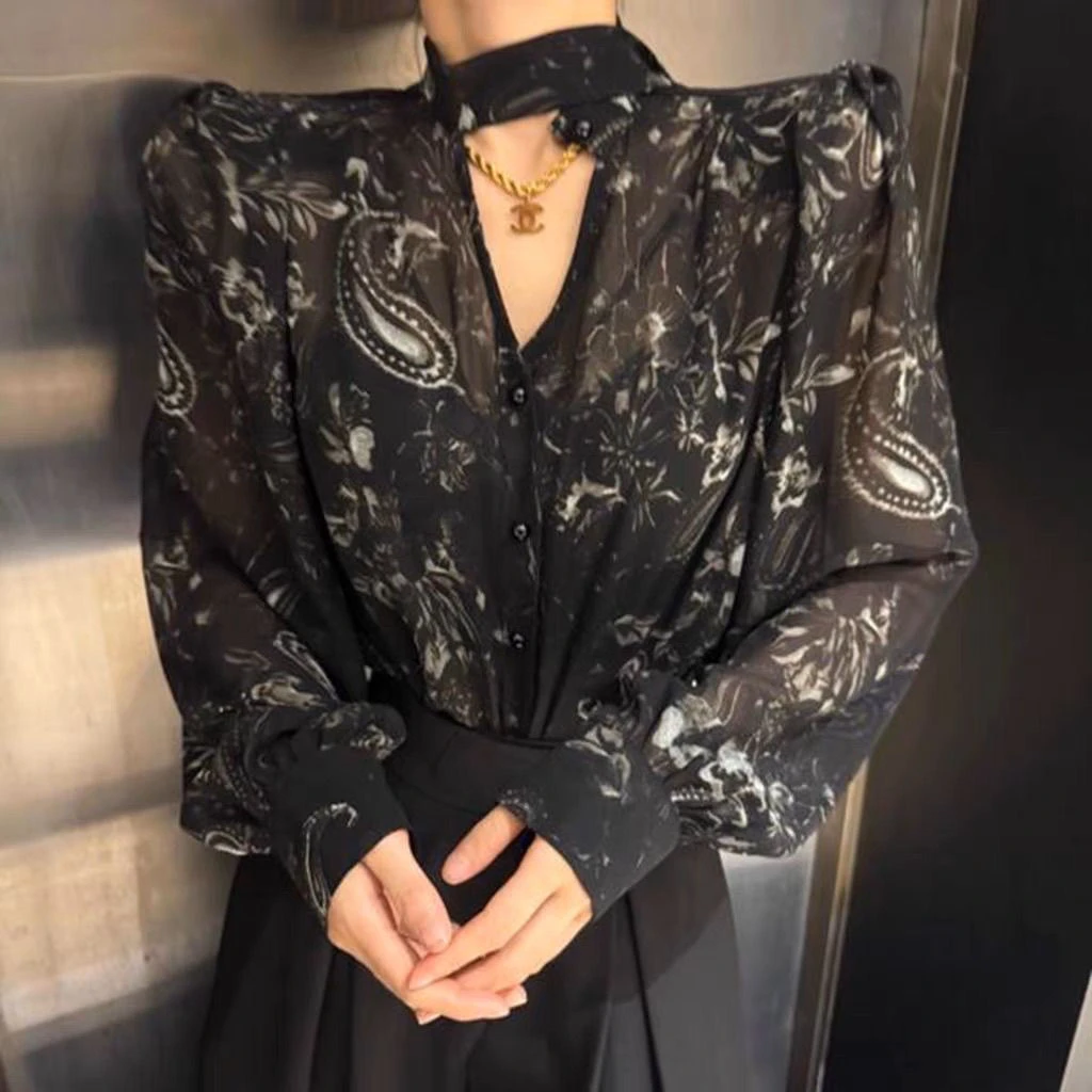 复古印花V领挂脖飘带长袖衬衫女2025秋季设计感宽松显瘦百搭上衣