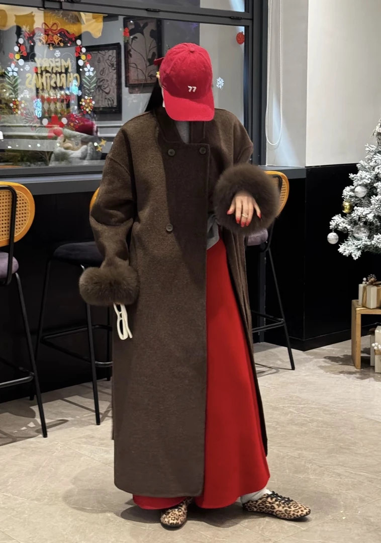 韩系双排扣袖口毛毛中长款双面大衣