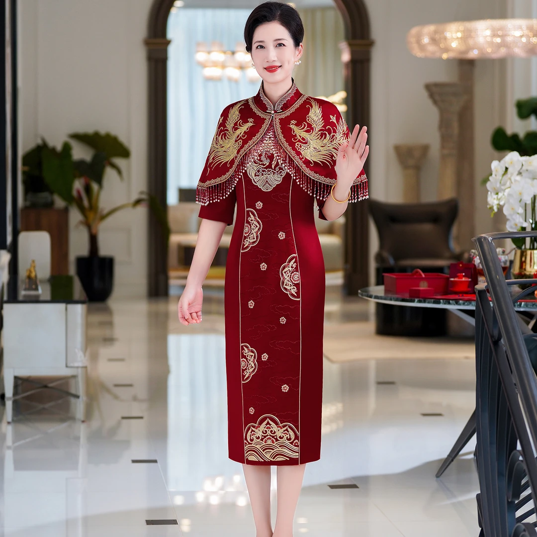 高端轻奢高级感喜妈妈礼服新中式醋酸改良旗袍裙喜婆婆婚宴装秋季
