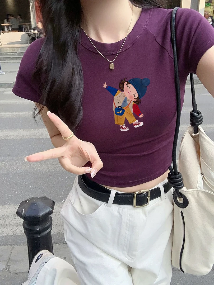 新款圆领设计感甜辣风紫色T恤女夏季显瘦上衣修身正肩短袖插肩袖