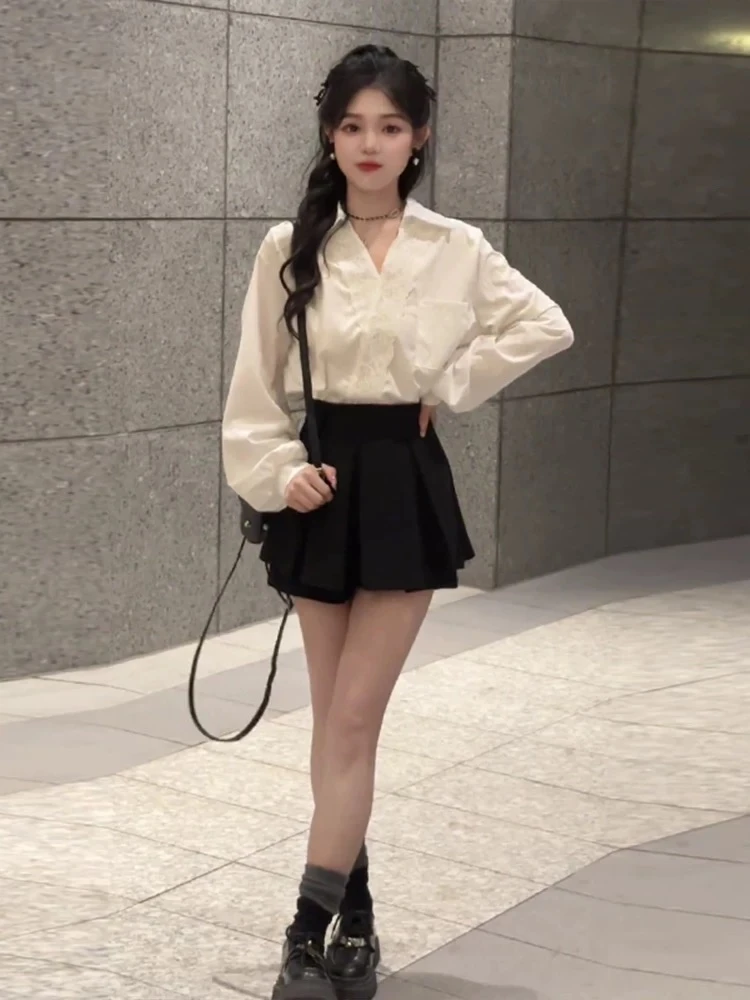 韩版洋气气质简约宽松长袖别致V领蕾丝拼接衬衫上衣半身裙套装女