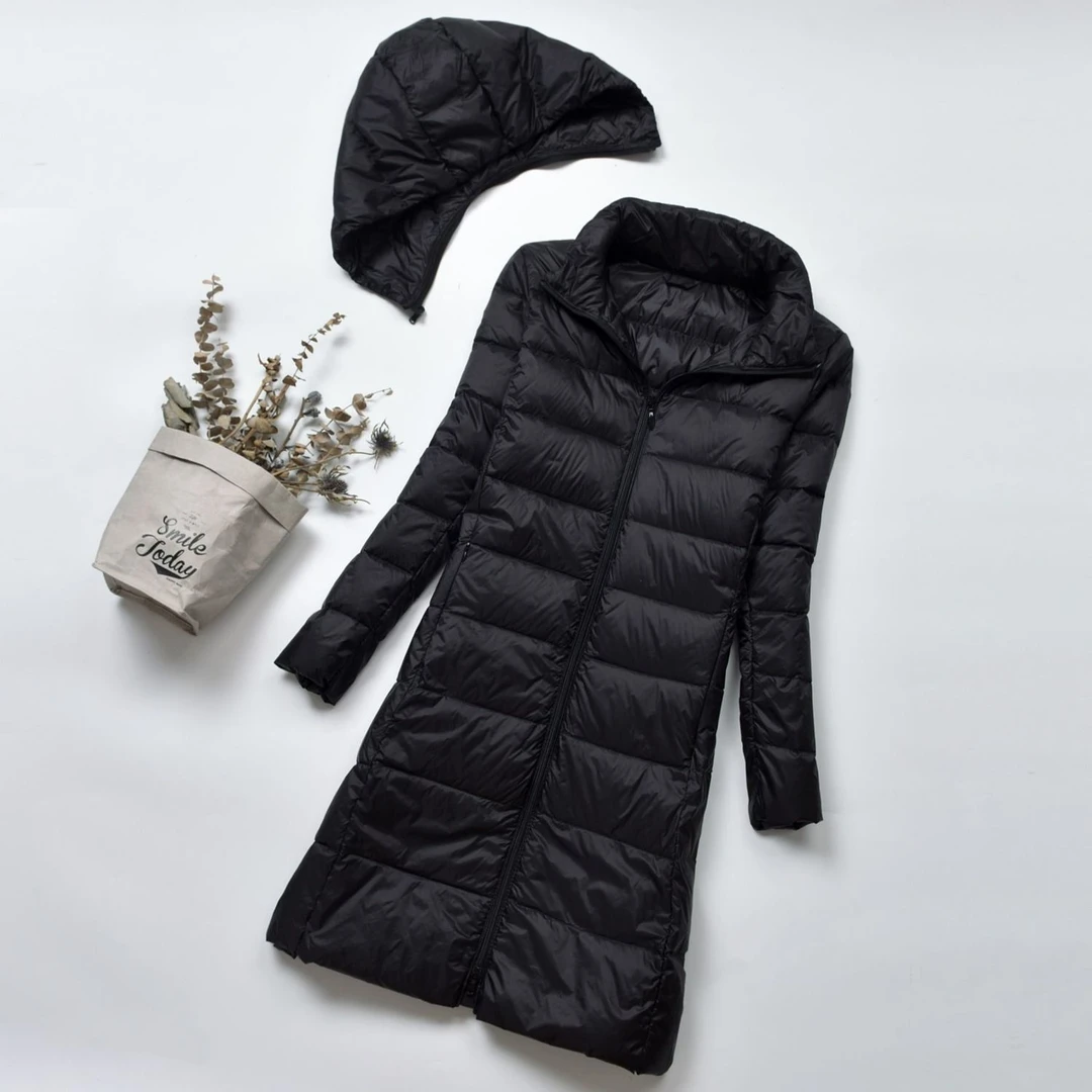 秋冬新款轻薄羽绒服女中长款保暖白鸭绒黑色轻便显瘦外套脱卸帽