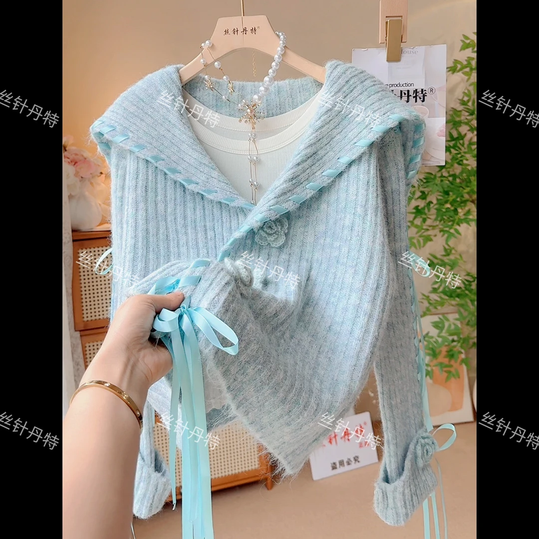 2花朵扣飘带编织海军领针织衫开衫女2025秋季新款慵懒风毛衣外套