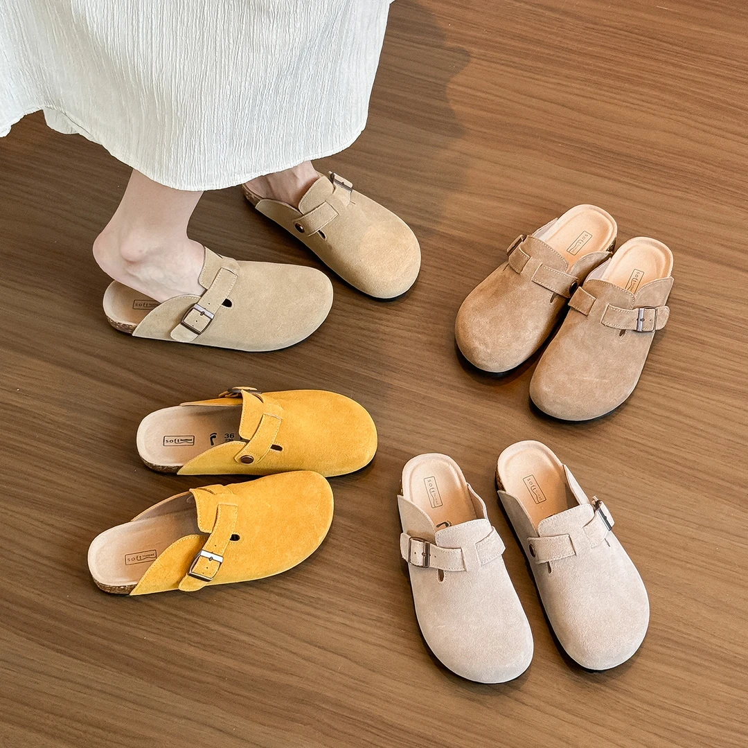 牛皮勃肯拖鞋女外穿2025新款春夏秋一脚蹬防滑软底包头半拖博肯鞋