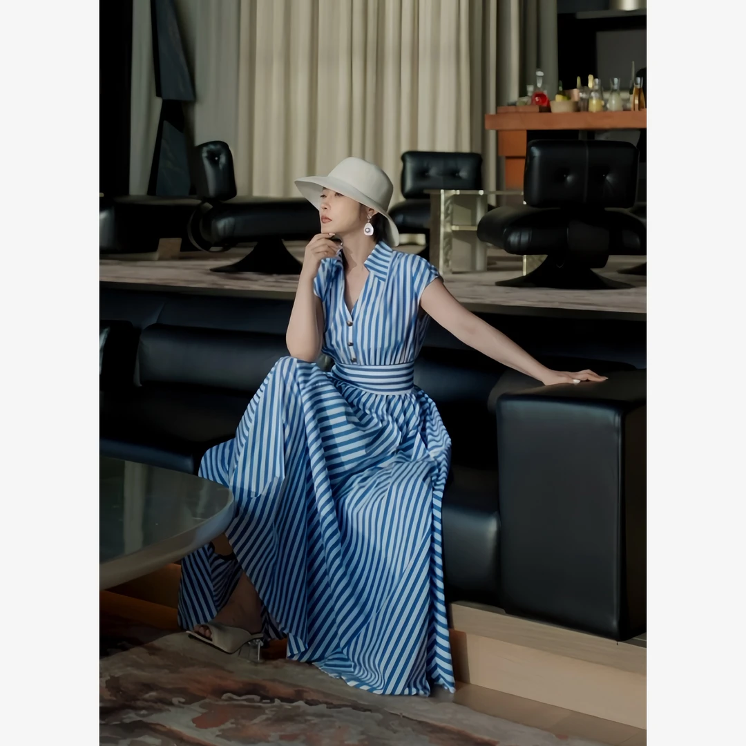 【韵律】显瘦一圈法式优雅极简蓝白条纹V领长款度假风衬衫裙（裱里）