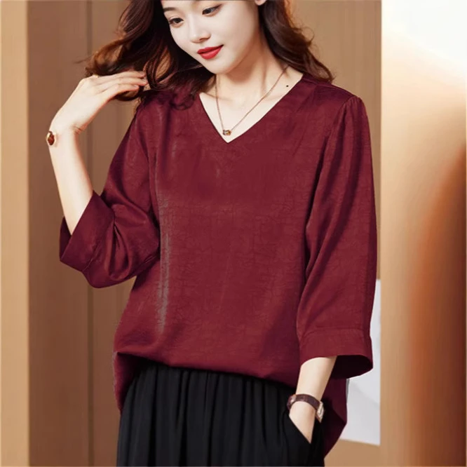 断码清仓处理女装时尚提花纹宽松显瘦休闲气质纯色V领七分袖衬衫