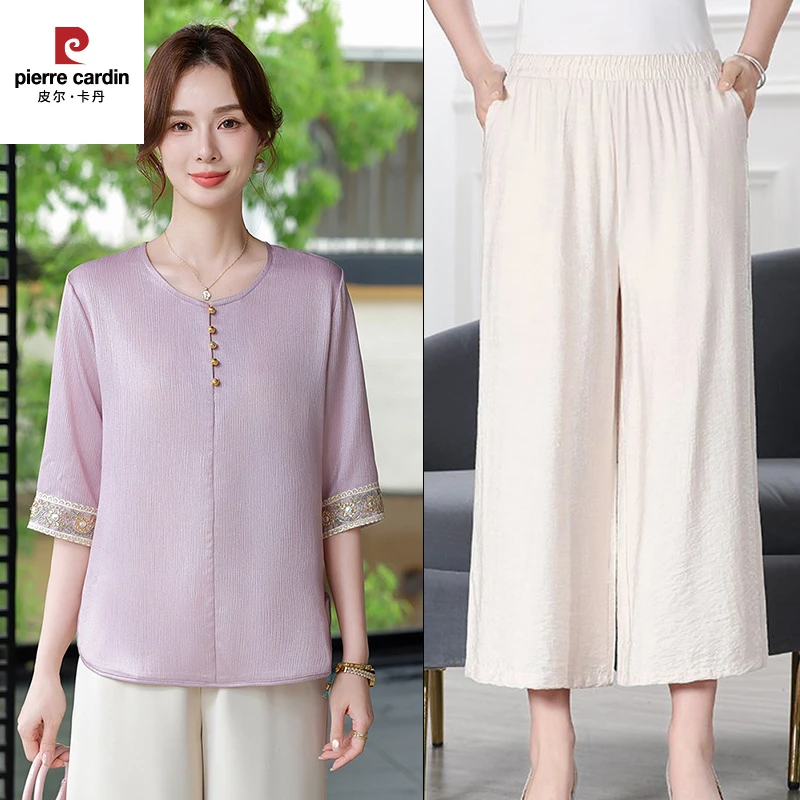 皮尔卡丹夏季新款中年妈妈夏新款洋气中老年时尚大码新中式绣花上