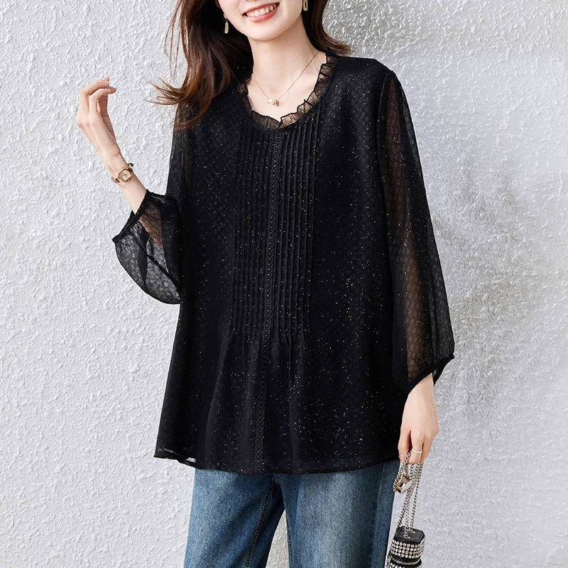 大码时尚压褶黑色亮片上衣女2025春装新款洋气显瘦中年妈妈装小衫