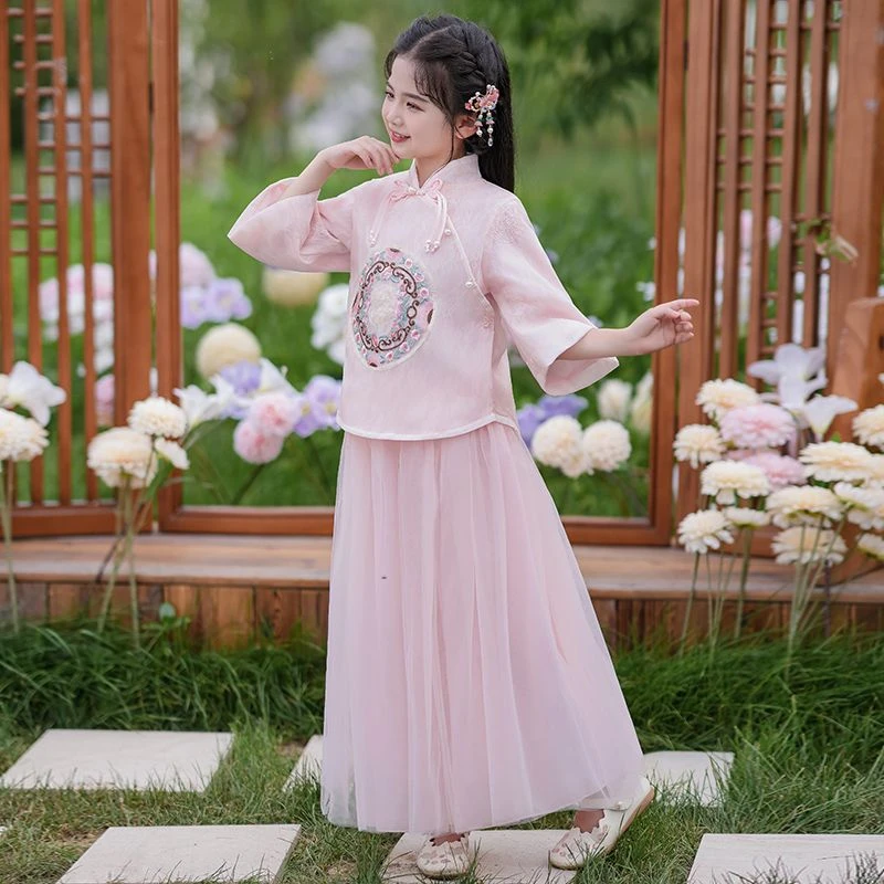 儿童汉服女童夏装仙女中国古装唐装两件套小女孩连衣裙古风超仙