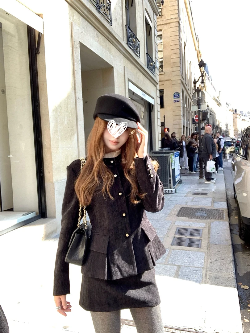 黑色千金感小香上衣收腰套装