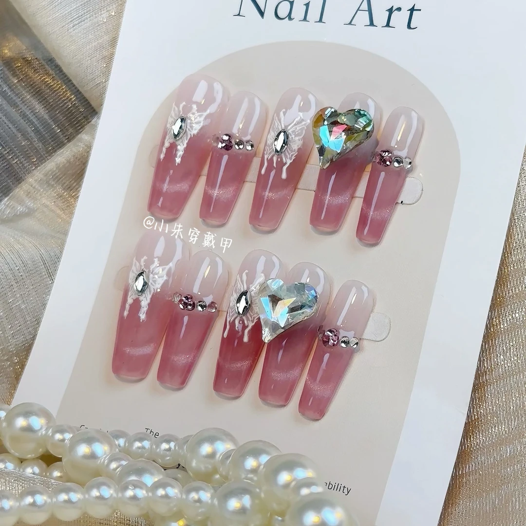 【蝴蝶梦】纯手工穿戴甲法式猫眼渐变纯欲歪心钻新年爆款199006