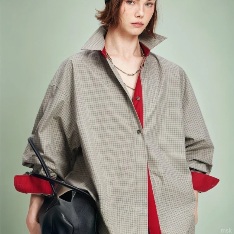 季风撞色老钱上衣翻领知长袖衬衫女秋高开衫外套格子新款衬衣宽松