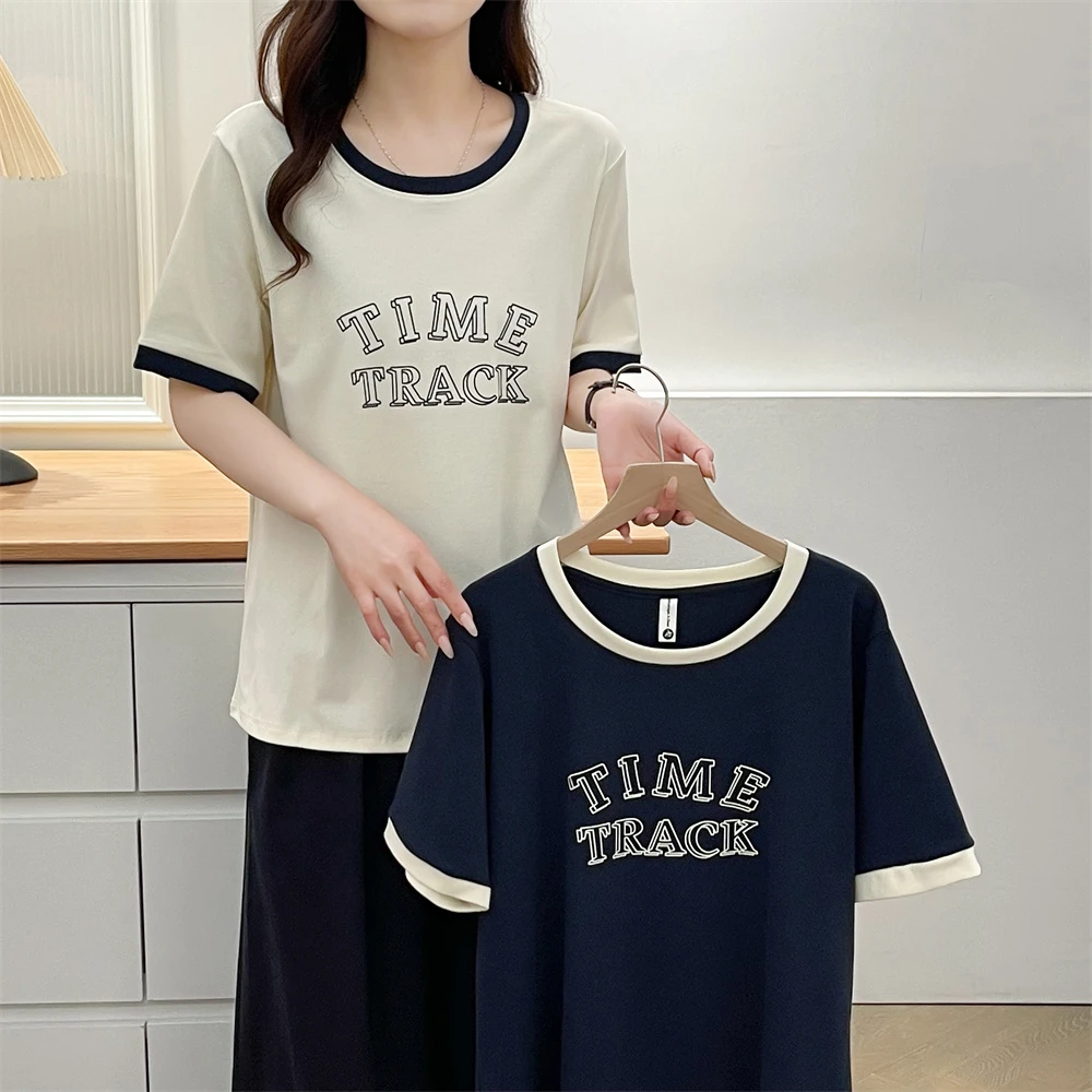 大码胖mm设计感时尚字母印花撞色圆领T恤女夏季新款上衣休闲遮肉