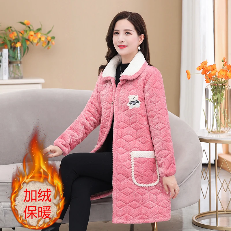 新款女士冬季毛领罩衣加绒加厚棉衣中老年妈妈中长款棉袄工作服女