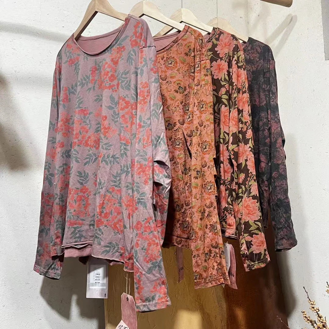 忆古朴拙袖褶皱印花T恤250132花色春夏套头套头女士休闲百搭长袖