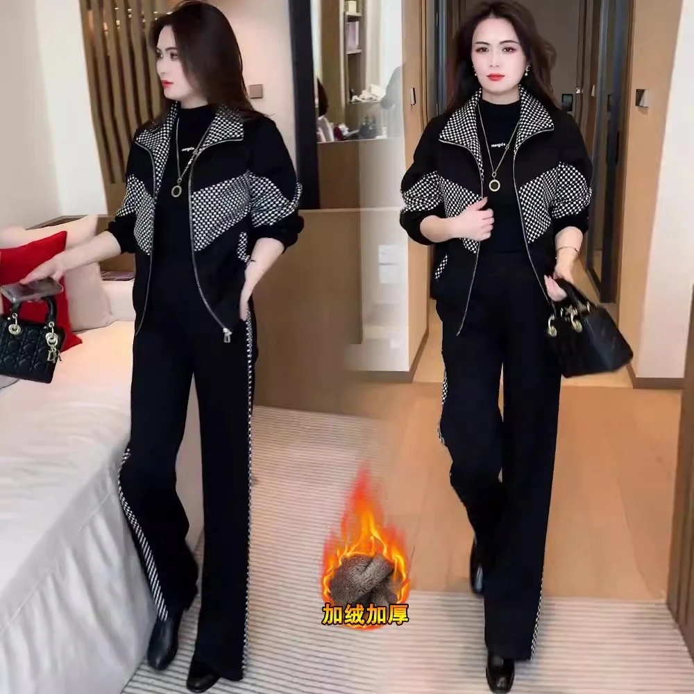 加绒加厚休闲套装女冬季新款时尚格子拼接立领外套阔腿裤两件套潮